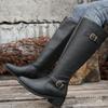 Hebilla de Cinturón Grande para Exportación Europea y Americana Botas de Caballero Altas para Mujer Otoño Estilo Retro Tacón Grueso Cremallera Lateral Larga Botas de Cuero
