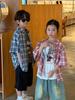Camisa para Niños 2026 Verano Estilo Coreano Cuadros Cuello Campana Manga Corta Casual Holgada para Niños y Niñas