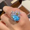 Novo Anel de Topázio em Forma de Gota Aberto com Diamante Colorido de Luxo Anel de Fogo de Artifício Aquamarine Imitação de Alta Qualidade para Mulheres