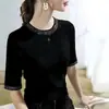 Camiseta com toque fresco de seda e algodão para mulheres, top estampado com strass para o verão, elegante e moderno, plus size, manga média, design de manga de três quartos