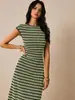 Vestido Feminino Longo Casual Colorido em Blocos Listrado com Amarração na Cintura Gola Redonda Manga Curta Padrão Amazon Europeu e Americano