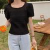 Top Francês de Verão do Sudeste Asiático com Gola Quadrada Feminino Simples Versátil Elegante Solto Emagrecedor Suéter Curto com Manga Bufante