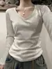 2025 Primavera e Outono Estilo Ins Algodão Puro Camiseta Base de Ombro Gola V Estilo Coreano Estilo Preguiçoso Cintura Apertada Emagrecimento Top Interno de Manga Longa