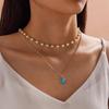 Colar de Corrente Dupla com Pingente de Pedra Semi-preciosa em Forma de Gota e Pérola Artificial, Personalidade Fashion Coringa, Corrente de Clavícula de Nicho para Mulheres