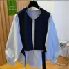 Elegante chaleco con camisa a rayas para mujer, de manga larga, corte holgado, único y chic para capas de principios de otoño