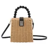 Bolsa de Ombro de Ráfia com Alça de Corda e Contas de Madeira Fofas, Bolsa de Palha Tecida Estilo Verão Praia Floresta, Fecho de Metal, Bolsa de Ombro Tecida