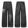 G60097 Jeans casuales holgados para hombre, diseño de alta costura original color mezclilla, estampado de patrón de moda estilo americano, unisex