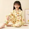 Pijamas para meninas primavera e outono novo terno de manga comprida com lapela roupas para casa infantil cardigan roupas para casa crianças médias e grandes