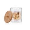 Caixa de cotonetes cilíndrica com tampa de bambu, caixa de palitos de dente de plástico transparente, recipiente de armazenamento à prova de poeira para fio dental
