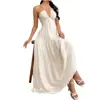 Roupas femininas de comércio exterior europeu e americano para 2026, novo vestido longo de verão sexy com gola halter, decote em V profundo, costas abertas, amarração, estilo resort