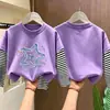 Camiseta de manga larga a rayas y retazos de algodón puro para niña, adecuada para primavera y otoño, un top casual y versátil para niños, con cuello redondo estilo coreano