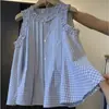 Camisola de Encaje a Cuadros con Volantes Elegantes Estilo Coreano para Mujer Camisa sin Mangas de Verano Diseño de Nicho Top Corto