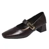 Sapatos Mary Jane Quadrados Franceses com Salto Grosso 2026 Primavera Novos Saltos Altos Retro Versátil Temperamento Sapatos de Salto Único Sapatos Femininos de Couro
