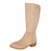Botas de montar para mujer de caña alta, color albaricoque mate, con cremallera trasera, tacón grueso con veta de madera, diseño recto simple, por debajo de la rodilla, estilizan y son versátiles