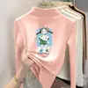 Camiseta interior base de forro polar de doble cara para niñas, nueva camiseta casual versátil con estampado de dibujos animados, camiseta de cuello alto a la moda