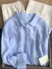 Camisa azul de lino estilo francés para mujer, fina de verano, corte holgado, estilo "old money", top de algodón y lino de manga larga con protección solar