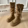 Botas femininas retrô cáqui de sola grossa, não até o joelho, botas longas, novo estilo 2026, outono e inverno, para pessoas baixas, que aumentam a altura, botas longas de cavaleiro