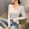 Camiseta Básica de Modal con Doble Cuello en U para Mujer, Camiseta Fina Elástica de Manga Larga, Ajustada de Cuello Bajo Capa Base de Otoño
