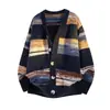 Suéter de Punto con Rayas Degradadas y Cuello en V Grande Chaqueta Cardigan para Hombre Punto Otoño Invierno Alta Gama Comercio Exterior Venta al por Mayor Transfronteriza
