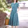 Vestido de Algodão e Linho Verão Novo Estilo Coreano Floral Manga Curta Gola Redonda Comprimento Médio Saia Casual Elegante Saia Evasê