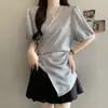 Estilo Levemente Maduro Tecido de Seda Tamanho Plus Feminino Verão Senso de Design Camisa com Decote V Amarrar Cintura Ajustada Estilo Francês Blusa de Nicho