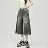 Jeans de pierna recta con diseño de borde crudo rasgado estilo americano para mujer, nuevos pantalones cropped anchos de pierna ancha estilo vintage veraniego desgastado