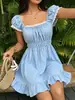 Comercio Exterior Transfronterizo Vestido Cuadrado de Verano Estilo Francés con Mangas Abullonadas para Mujer, Ceñido a la Cintura, Adelgazante, con Ribete de Encaje, Vestido Corto de Corte A
