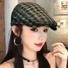 Boina Xadrez Plissada Vintage para Mulheres, Chapéu Beret de Verão Fino Respirável Fashion, Boina de Jornaleiro de Alta Qualidade