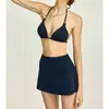 Nuevo Traje de Baño de Dos Piezas para Mujer Rayas Halter con Cordones Falda Ajustada Bikini de Tres Piezas Sexy Traje de Baño para Vacaciones