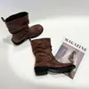 Botas de motocicleta de cuero estilo vintage con hebilla para mujer, botines de tacón grueso medio, botas de montar adelgazantes, botas de moda