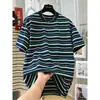 Camiseta Holgada Casual de Manga Corta a Rayas Bloque de Color Diseño de Nicho Estilo Coreano Talla Grande para Mujer 150kg