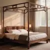 Cama con dosel tallada estilo Zen chino, Cama clásica china nueva, Cama con marco de nogal negro estética estilo Song
