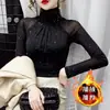 Novo Estilo Outono e Inverno 2025 Camisa Básica Preta de Gola Alta com Renda e Lantejoulas, Manga Longa para Mulheres, com Veludo, Caimento Slim e Top Sexy