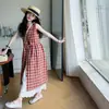 Vestido de Verano para Niñas 2025 Nuevo Vestido Retro a Cuadros Rojos para Niñas Falda Larga para Niños Grandes Falda de Capas Dopamina para Niños
