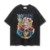 Camiseta de Manga Corta Pesada de 280 g Lavada y Desgastada Retro Una Pieza Anime Casual Holgada Top de Manga Tres Cuartos