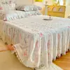 Saia de Cama de Algodão Puro com Acabamento de Renda Estilo Coreano Peça Única Todo Algodão Lençol de Cama de Verão Cobertura de Cama Universal para Todas as Estações Conjunto de Três Peças Estilo Princesa