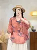 Verão 2026 Estilo Étnico Ráfia Roupas Femininas Impressão Digital Top Pequeno Gola V Carcela Oblíqua Botões de Rã Manga Média Camiseta de Ráfia Leve Fina