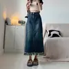 Falda Midi de Mezclilla Dividida con Borlas Vintage para Mujer Otoño 2024 Nueva Cintura Alta Ajustada Degradada Línea A