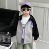 Chamarra con capucha de color block, estilo nuevo para niños, adecuada para primavera y otoño, cárdigan de punto casual y holgado con cremallera