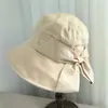 Sombrero de Pescador de Tela Dulce con Textura y Lazo Grande con Abertura Trasera Estilo Japonés para Mujer, para Salidas en Primavera Verano, Elegante Sombrero de Cubo con Protección Solar