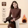 Camiseta térmica de base para otoño e invierno para mujer, cuello semi-alto, forrada de polar, engrosada, corte ajustado, top elástico, versión unisex