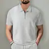 Atacado de fábrica malha waffle estilo europeu e americano terno masculino cor sólida gola lapela manga curta com zíper camisa polo