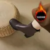 Nova Versão em Couro de Botas Elásticas Slim Silenciosas de Solado Macio para Mulheres Botas Curtas de Salto Grosso de Salto Alto para Roupas de Trabalho Botas Pretas Retrô Outono e Inverno