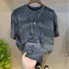 Popular Camiseta de Manga Corta Rota con Cielo Estrellado para Hombre, Verano Degradado Lujo Ligero Gama Alta Cuello Redondo Suéter de Punto Moderno y Elegante