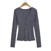 7738-26 Estilo Otoño Versión Coreana Corte Ajustado Cuello en V Profundo Multibotones Rayas Manga Larga Suéter Camiseta Capa Base Superior