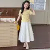 Conjunto de Falda para Niñas Verano Nuevo Estilo Niños Medianos y Grandes Niñas Camiseta de Manga Corta con Cordón Falda Moda Versátil Conjunto de Dos Piezas