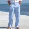 Pantalones de Algodón y Lino para Hombre Americano Decoración de Botones Cordón Pantalones de Playa de Verano Pierna Recta Color Sólido Transpirables Pantalones de Comercio Exterior