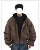 Chaqueta de Cuero Marrón Retro Americana Desgastada Chaqueta Falsa de Dos Piezas Mellard para Hombre Otoño/Invierno Holgada con Capucha Ropa de Abrigo Oversize