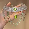 Abundancia de Verde~ Collar de Borlas Multicapa de Pedrería Verde Fresco y Elegante Estilo Bosque con un Toque de Alta Gama, Lujo Ligero y Lujoso