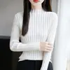 Capa base de algodón puro acanalado de cuello medio para mujer, nuevo estilo otoño/invierno, elegante, ajustado, suéter interior cálido, top de punto para mujer